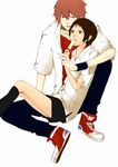  1girl black_hair brown_eyes couple dress_shirt eating food grin hetero holding_hands konno_makoto mamiya_chiaki neeharu popsicle red_hair shirt shoes short_hair sitting sitting_on_lap sitting_on_person skirt smile sneakers toki_wo_kakeru_shoujo 