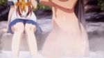  2girls animated animated_gif areolae breasts brown_hair hair_over_one_eye ikkitousen kan&#039;u_unchou large_breasts long_hair multiple_girls navel nipples nude purple_hair ryuubi_gentoku school_uniform smile standing topless uniform very_long_hair 