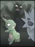  2006 black_border border claws digital_media_(artwork) digital_painting_(artwork) evolutionary_family eyes_closed glowing glowing_eyes gogetajr green_body group larvitar lightning nintendo open_mouth pok&eacute;mon pok&eacute;mon_(species) pupitar scared tears tyranitar video_games 