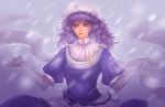  adapted_costume brooch curly_hair dress elbow_gloves expressionless gloves hat high_collar jewelry juliet_sleeves lavender_eyes lavender_hair letty_whiterock light_smile long_sleeves looking_at_viewer puffy_sleeves purple purple_dress purple_eyes purple_hair realistic shawl sheryth short_hair snowflakes snowing solo touhou 