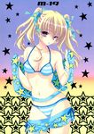  :o absurdres bare_shoulders bikini blonde_hair blue_bikini bracelet breasts cleavage hair_ribbon halterneck highres jewelry mario_kaneda medium_breasts navel original purple_eyes ribbon short_shorts shorts shorts_pull solo star star_print striped striped_bikini swimsuit twintails 