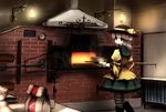  blouse boots cake cooking dress flour food green_dress green_eyes green_hair hat highres komeiji_koishi looking_back oven oven_mitts short_hair skirt solo standing striped striped_legwear thighhighs touhou tsubasa_(abchipika) 