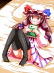  akagi_yuuto bad_id bad_pixiv_id black_legwear blush book dress hair_ribbon hat holding holding_book long_hair lying multicolored multicolored_clothes multicolored_dress no_panties on_back patchouli_knowledge pillow pink_dress purple_dress purple_eyes purple_hair pussy ribbon solo striped striped_dress thighhighs touhou 