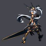  aqua_eyes armor bare_shoulders chainsword dark_skin elbow_gloves fingerless_gloves from_behind gloves hair_over_one_eye headdress horns hosato_mikine long_hair looking_back md5_mismatch midriff original ponytail shiny silver_hair simple_background solo very_long_hair 