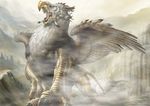  beak building feathers fog griffin lion_tail monster mountain muscle no_humans pixiv_fantasia pixiv_fantasia_3 roaring ruins scales solo tail tongue wings yellow_eyes 