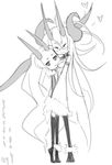  :t between_breasts breasts chibi detached_sleeves eu03 fur_trim glasses greyscale happy head_between_breasts height_difference horns kneehighs long_hair medium_breasts mole monochrome multiple_girls original pantyhose tsunoko very_long_hair 