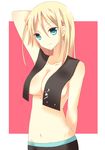  arm_behind_head bad_id bad_pixiv_id blonde_hair blue_eyes breasts cleavage inu_x_boku_ss ittan_momen large_breasts long_hair navel smile sorinozuka_renshou stomach sumisaki_yuzuna topless yukinokouji_nobara 