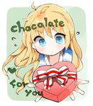  ahoge bangs blonde_hair blue_eyes chocolate english gift heart incoming_gift kotatu_(akaki01aoki00) long_hair nervous original solo 