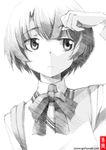  ano_natsu_de_matteru bow bowtie frown gofu greyscale looking_away monochrome school_uniform short_hair solo spot_color tanigawa_kanna traditional_media 