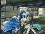  anthro artik_ninetails breast_fondling breasts canine clothed clothing dog_tags duo female fondling fox kacey kissing male mammal multiple_tails piercing sitting skimpy straight tala_(suntattoowolf) wings wolf 