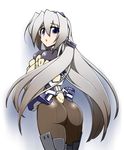  armor ass back-seamed_legwear bad_id bad_pixiv_id blue_eyes bodysuit boots from_behind horizon_ariadust kaz_(shade) kyoukaisenjou_no_horizon long_hair looking_back pantyhose seamed_legwear silver_hair simple_background solo thigh_boots thighhighs 