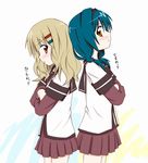  back-to-back blonde_hair blue_hair braid brown_eyes daihii furutani_himawari hair_ornament hairband hairclip long_sleeves multiple_girls nanamori_school_uniform oomuro_sakurako red_eyes school_uniform serafuku short_over_long_sleeves short_sleeves translated twin_braids yuru_yuri 