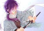  bad_id bad_pixiv_id hakuouki_shinsengumi_kitan holding holding_sword holding_weapon left-handed long_hair male_focus ponytail purple_hair saitou_hajime_(hakuouki) scarf sheath solo sword tohikou unsheathing weapon white_scarf 