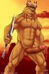  anthro balls bear biceps big_muscles big_penis brown_fur erection fur humanoid_penis kazat knife leaking looking_at_viewer male mammal muscles native native_american nude pecs penis pose precum sheath solo standing toned tribal 