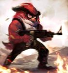  ambiguous_gender angry_birds avian bird cigar fire gun looking_at_viewer male muscles ranged_weapon red_bird red_eyes robotpencil solo unknown_artist weapon 