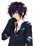  bad_id bad_pixiv_id blue_eyes blush hakuouki_shinsengumi_kitan male_focus necktie purple_hair saitou_hajime_(hakuouki) school_uniform simple_background solo sweater tohikou upper_body white_background 