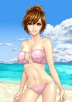  bandeau beach bikini breasts brown_eyes brown_hair cleavage cleavage_cutout cloud day eyepatch_bikini floral_print hamura_mayu large_breasts meiko navel outdoors ponytail project_diva_(series) project_diva_2nd short_hair skindentation sky smile solo swimsuit swimwear_(module) swimwear_b_(module) vocaloid 