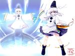  blue_dress blue_eyes boots dress hat highres japanese_clothes kariginu mononobe_no_futo open_mouth outstretched_arms short_hair silver_hair skirt smile solo spread_arms standing tate_eboshi touhou tsubasa_(abchipika) 