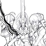  aestus_estus ahoge artoria_pendragon_(all) braid breasts drawfag excalibur fate/extra fate/stay_night fate/unlimited_codes fate_(series) french_braid greyscale lineart medium_breasts monochrome multiple_girls multiple_persona nero_claudius_(fate) nero_claudius_(fate)_(all) no_eyes saber saber_alter saber_lily sideboob sword weapon work_in_progress 