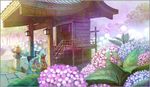  alternate_hair_length alternate_hairstyle architecture bad_id bad_pixiv_id blonde_hair east_asian_architecture flower hatomugi_(hato3pp) hydrangea kusuriuri_(mononoke) long_hair male_focus mononoke no_headwear scenery shrine sitting solo stone_lantern 