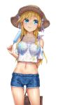  :q arm_behind_back basket blonde_hair blue_eyes breasts chunithm collarbone commentary_request cowboy_shot eyebrows_visible_through_hair food hair_ribbon hat hisasi irodorimidori long_hair medium_breasts midriff navel ogata_arishiana popsicle ribbon shorts simple_background solo sun_hat tongue tongue_out white_background white_ribbon 