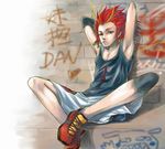  armpits arms_up basketball basketball_uniform basquash! blue_eyes dan_jd elbow_pads graffiti hairlocs knee_pads male_focus mouth_hold red_hair shoes shorts sitting sneakers solo spiked_hair sportswear yaminojiunin 