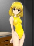  blonde_hair breasts cameltoe competition_swimsuit covered_nipples hairband highres kise_yayoi medium_breasts one-piece_swimsuit precure samejima_minoru short_hair smile_precure! solo swimsuit vaulting_horse white_hairband yellow_eyes yellow_swimsuit 