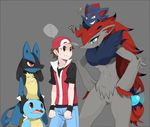  agemono blue_eyes blush boy furry hand hands looking_back lucario lying pawpads plain_background pok&eacute;mon pokemon sexually_suggestive simple_background solo spikes spreading squirtle tongue zoroark 
