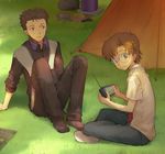  aida_kensuke black_hair brown_hair camping dress_shirt expressionless freckles frown glasses grass indian_style looking_back male_focus moai_(aoh) multiple_boys neon_genesis_evangelion shirt sitting suzuhara_touji sweatshirt television tent 