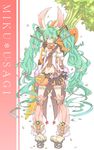  animal_ears belt bow bowtie bunny_ears carrot character_name detached_sleeves green_eyes green_hair hatsune_miku long_hair navel nora_(kukumaka23) oversized_object pigeon-toed shorts solo spring_(object) twintails very_long_hair vocaloid 