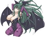  1girl arms_up breasts capcom cleavage demon_girl demon_wings elbow_gloves female gloves green_eyes green_hair head_wings headwings huge_breasts long_hair morrigan_aensland mound_of_venus pantyhose simple_background sketch solo standing succubus umigaras umigarasu_(magipro) vampire_(game) vampire_savior white_background wings 