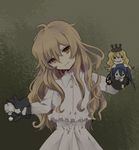  black_rock_shooter black_rock_shooter_(character) blonde_hair chariot_(black_rock_shooter) decapitation dress hair_between_eyes izuriha_kagari long_hair looking_at_viewer nuka puppet smile solo wavy_hair yellow_eyes 