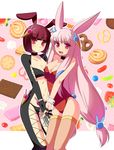  ai_scream animal_ears bob_cut breast_press breasts bunny_ears choker claws fishnets food hair_ornament hazuki_(etcxetc) holding_hands ice_cream ice_cream_cone kaiten_muten-maru long_hair medium_breasts multiple_girls navel pink_eyes pink_hair short_hair thighhighs yuu_scream 