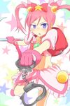  aragaki_ayase backpack bad_id bad_pixiv_id bag blue_eyes bow cosplay cuffs gloves handcuffs highres hoshikuzu_witch_meruru long_hair magical_girl meruru_(oreimo) meruru_(oreimo)_(cosplay) ore_no_imouto_ga_konna_ni_kawaii_wake_ga_nai pink_bow pink_hair pointing solo sukiyaki_udon twintails wand 