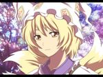  animal_ears anime_coloring blonde_hair dress face fox_tail hat letterboxed light_smile multiple_tails portrait rhine short_hair solo tail touhou tree yakumo_ran yellow_eyes 
