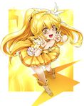  blonde_hair boots bow choker cure_peace double_v flat_chest full_body hair_flaps hair_ornament hairpin kise_yayoi long_hair magical_girl orange_choker precure rimu_(kingyo_origin) skirt smile smile_precure! solo v wide_ponytail yellow yellow_background yellow_bow yellow_eyes yellow_skirt 