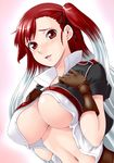  blush breast_suppress breasts embarrassed gloves large_breasts long_hair multicolored_hair navel open_clothes open_mouth open_shirt red_eyes red_hair riela_marcellis senjou_no_valkyria senjou_no_valkyria_3 shirt solo twintails two-tone_hair white_hair yaso_shigeru 