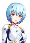  aka_(shoumae) ayanami_rei blue_hair bodysuit breasts colored_eyelashes hair_ornament head_tilt light_smile looking_at_viewer medium_breasts neon_genesis_evangelion open_mouth plugsuit red_eyes short_hair solo steepled_fingers upper_body white_bodysuit 