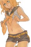  3838383 bare_arms bare_shoulders belt blonde_hair blue_eyes collarbone cowboy_shot flat_chest kagamine_rin looking_at_viewer midriff navel no_armwear sailor_collar shirt_lift short_hair short_shorts shorts simple_background sleeveless solo vocaloid white_background 