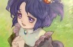  3838383 brooch clannad dress face frills grass hair_bobbles hair_ornament hands ichinose_kotomi jewelry open_mouth purple_eyes purple_hair short_hair smile solo two_side_up upper_body younger 