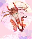  3838383 antlers bare_shoulders brown_hair c_(control) flower frilled_skirt frills from_above gloves green_eyes hair_flower hair_ornament horns long_hair mashu_(control) navel pointy_ears red_flower red_legwear red_rose rose sidelocks skirt solo strapless thighhighs tubetop twintails 