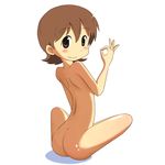  1girl aioi_yuuko artist_request ass bare_back blush brown_eyes brown_hair looking_back mizushima_(p201112) nichijou nude ok_sign short_hair simple_background sitting smile solo 