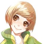  bangs brown_eyes brown_hair closed_mouth face head_tilt jacket looking_away lowres mitsu_nanae persona persona_4 portrait satonaka_chie short_hair simple_background smile solo swept_bangs white_background 