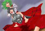  abs bad_end bad_id bad_pixiv_id bare_shoulders black_hair breasts checkered checkered_skirt covered_nipples drooling dutch_angle fangs green_hair hair_over_one_eye hakama halterneck japanese_clothes kazami_yuuka large_breasts long_hair m.u.g.e.n maron_(kagamikunn) multiple_girls neck_hold original pee peeing red_eyes sendai_hakurei_no_miko skirt tongue tongue_out touhou vest 