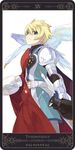  armor bird blonde_hair blue_eyes cape expressionless flynn_scifo gloves male_focus md5_mismatch motoko_(ambiy) red_cape rounded_corners solo tales_of_(series) tales_of_vesperia tarot temperance_(tarot_card) urn white_background 