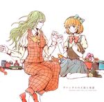  alice_margatroid alice_margatroid_(pc-98) ascot bad_id bad_pixiv_id blonde_hair blue_dress book bottle bow closed_eyes dress flower glass green_hair hair_bow hairband kazami_yuuka kazami_yuuka_(pc-98) kikurina long_hair multiple_girls pants plaid plaid_pants plaid_vest red_string shirt short_hair sitting skirt smile string stuffed_animal stuffed_bunny stuffed_toy teddy_bear thread touhou touhou_(pc-98) vest wariza white_background 