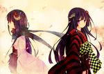  dual_persona flower hair_flower hair_ornament hakama_skirt horns inu_x_boku_ss japanese_clothes kimono long_hair miko multiple_girls obi petals pink_eyes purple_hair sash scarf shirakiin_ririchiyo shirase_(azure) 