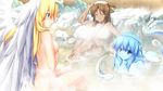  aht_(kamidori) angel blonde_hair blue_eyes blue_hair breasts brown_hair game_cg goo_girl halo hatozuki_tsumiki kamidori_alchemy_meister long_hair medium_breasts melodiana monster_girl multiple_girls nude onsen ribbon sitting smile suina_(kamidori_alchemy_meister) third-party_edit white_wings wings 