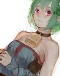  3838383 bare_shoulders bell bell_collar collar cow_bell danette_(soul_cradle) detached_sleeves dutch_angle green_hair jewelry looking_at_viewer pointy_ears purple_eyes short_hair simple_background single_earring solo soul_cradle strapless white_background 