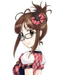  aidama_(td1143) akizuki_ritsuko bow brown_eyes brown_hair folded_ponytail glasses hair_bow hair_ornament hair_up idolmaster idolmaster_(classic) looking_at_viewer looking_back simple_background solo upper_body white_background 
